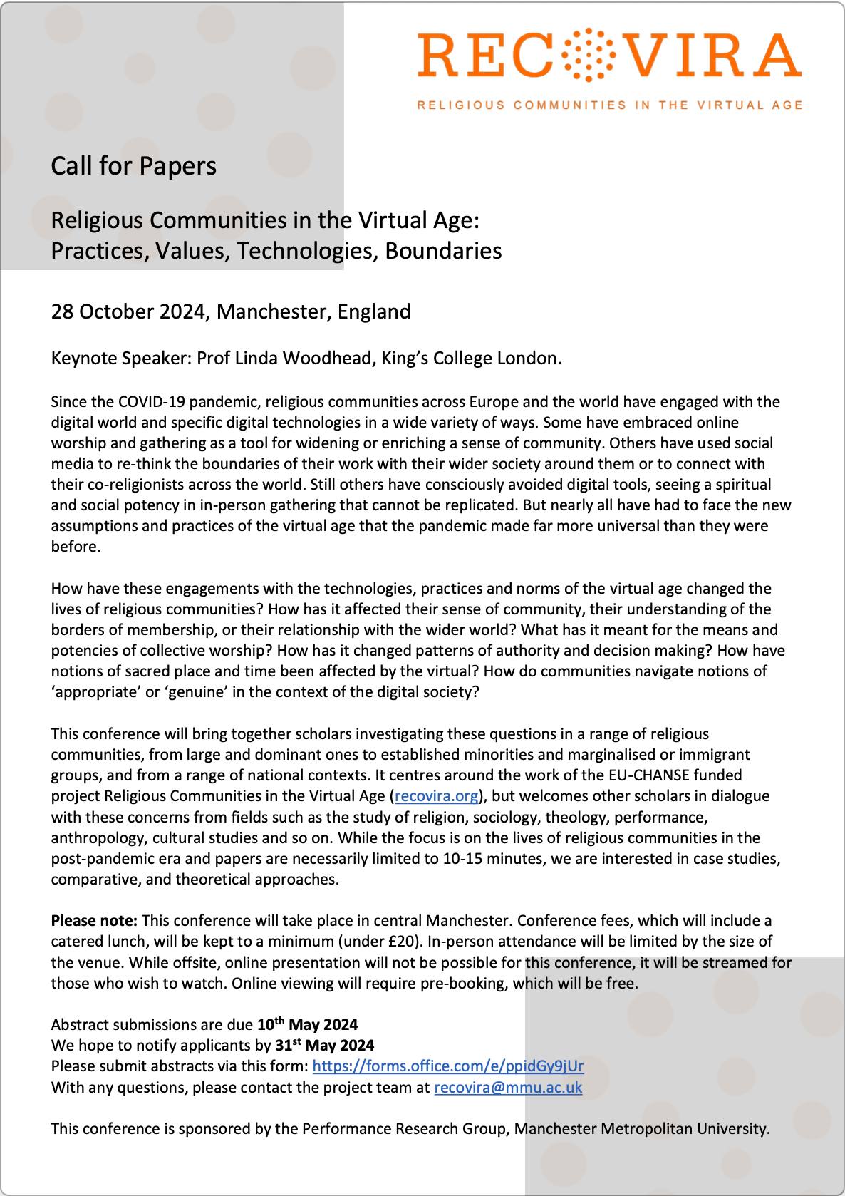 CALL FOR PAPERSReligious Communities in the Virtual Age